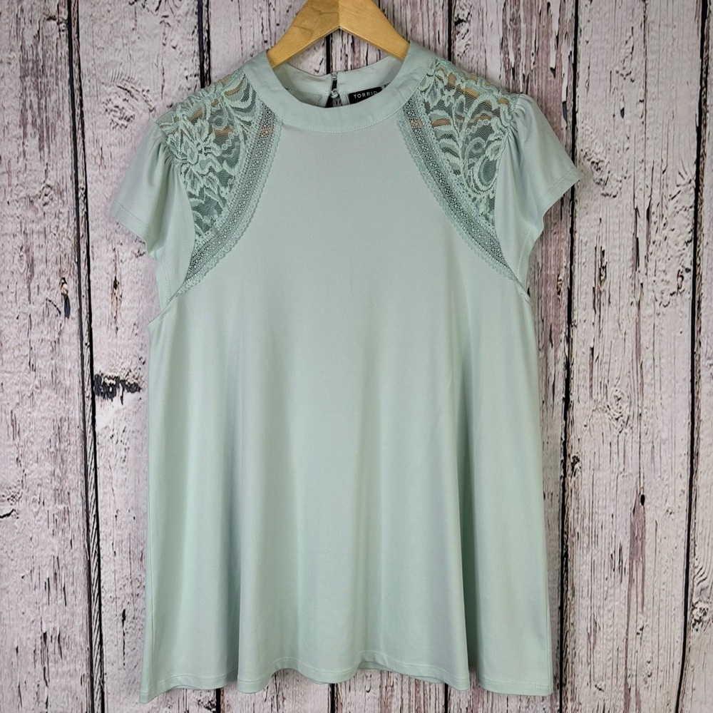 Torrid 0X | Large Studio Crepe Jersey Mock Neck Lace Inset Blouse Mint Green Top
